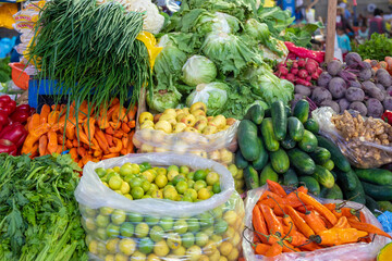 Traditional food, fruits, vegetables, corncob and yucay colors