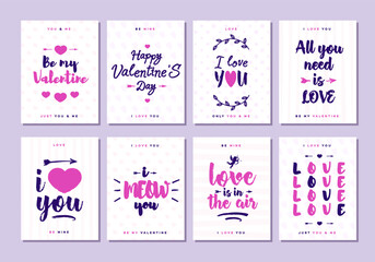 Valentines day greeting card set with sign i meow you and love is in the air on cute background for decoration, banner sale, promotion, party poster, stamp, label, special offer. Vector Illustration