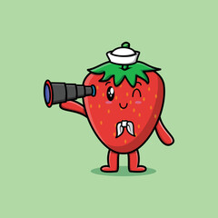 Cute cartoon strawberry sailor with hat and using binocular cute modern style design