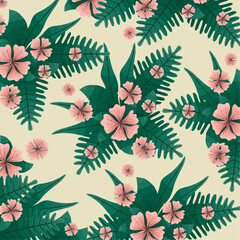 pink flowers garden and leafs pattern