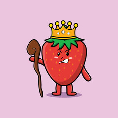 Cute cartoon strawberry mascot as wise king with golden crown and wooden stick