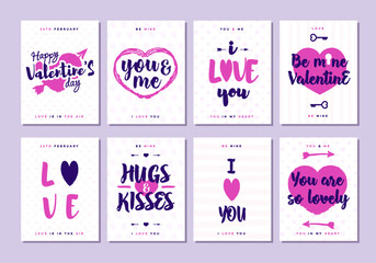 Valentines day greeting card set with sign i love you, you and me on cute background for decoration, banner sale, promotion, party poster, stamp, label, special offer. Vector Illustration