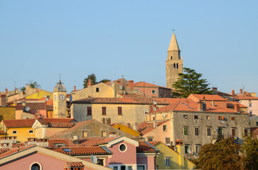 Labin, beautiful old town in county Istria, Croatia. Old houses, church tower, city walls and colorful facades on the top of the hill.