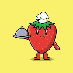 Cute Cartoon chef strawberry mascot character serving food on tray cute style design