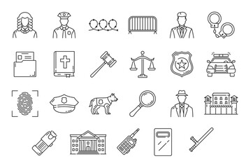 Justice, legal service, police, court, law and lawyer outline icons. Isolated vector judge, gavel and attorney, law book, lawsuit document, justice scales, jail or prison, officer, dog and handcuffs