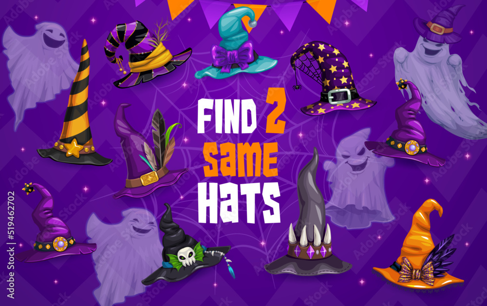 Poster halloween kids game, find two same witch and wizard hats, vector worksheet riddle. kids logic puzzle