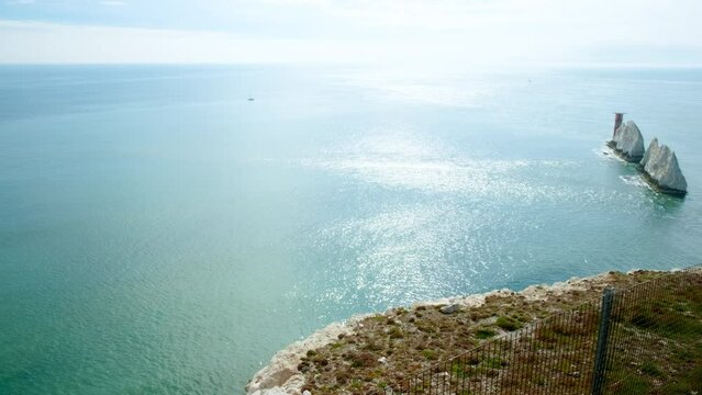 Establishing shot of The Needles formation in in the Isle of Wight, a popular vacation resort in England, UK since Victorian times