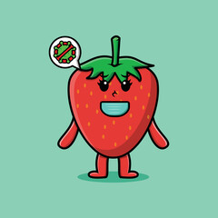 Cute cartoon illustration strawberry using mask to prevent corona virus in cute modern style design