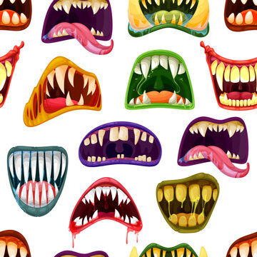 Zombie, clown and vampire cartoon monster mouths seamless pattern. Halloween horror background with vector smiles of scary beasts and angry demons, drool jaws, bloody teeth and tongues with saliva