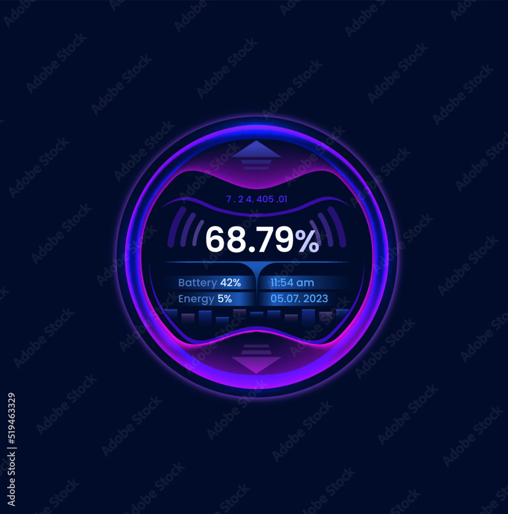 Poster futuristic car neon gauge dial. vehicle led speed meter indicator. electric automobile tachometer co