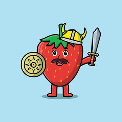 Cute cartoon character Strawberry viking pirate with hat and holding sword and shield