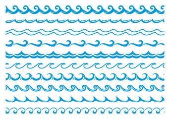 Sea and ocean blue wave line, water surf border frames, vector pattern. Abstract blue wave seamless zigzag dividers and marine boarders in geometric wavy stroke, frames and borders