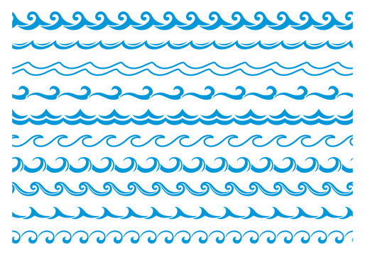 Sea and ocean blue wave line, water surf border frames, vector pattern. Abstract blue wave seamless zigzag dividers and marine boarders in geometric wavy stroke, frames and borders