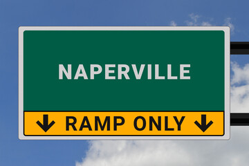 Naperville logo. Naperville lettering on a road sign. Signpost at entrance to Naperville, USA. Green pointer in American style. Road sign in the United States of America. Sky in background