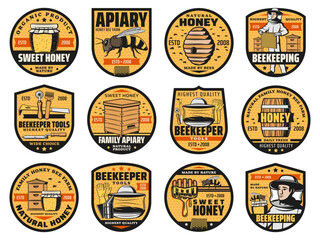 Beekeeping, apiary vector icons, honey farm natural products, beehive honeycombs, wooden barrel and honey splash drops. Apiculture production and beekeeper tools shop isolated labels or emblems set