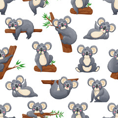 Cartoon funny koala bear characters seamless pattern, vector background. Cute koala bear sleeping or sitting on eucalyptus tree and eating leaves, cheerful happy smiling koala for kids pattern © Vector Tradition