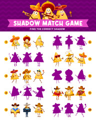 Funny mexican nachos chips characters shadow match game worksheet. Vector puzzle quiz with cartoon tortilla chips cowboys, sheriffs and mariachi musicians. Memory game of mexican nachos, snack food