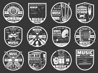 Music instrument, microphone and vinyl record player vector badges. Isolated musical icons with drums, pianos, guitars and retro gramophones, notes, shamisen, flutes, tanbur, trumpets and tubes
