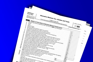 Fototapeta premium Form 1041 (Schedule I) documentation published IRS USA 44086. American tax document on colored