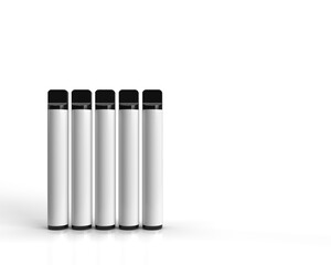 White Brandable Disposable Vapes, isolated on a white background and placed side by side. 3D render illustration
