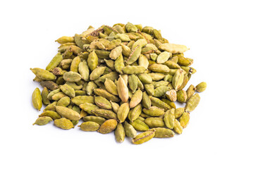 Green cardamom pods on white background.