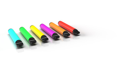 Multicolor disposable vape products that have been isolated on a white background. 3D render illustration