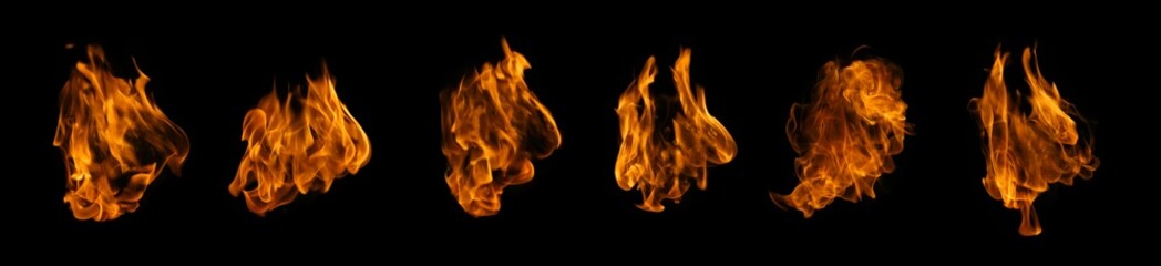 Fire collection set of flame burning isolated on dark background for graphic design usage