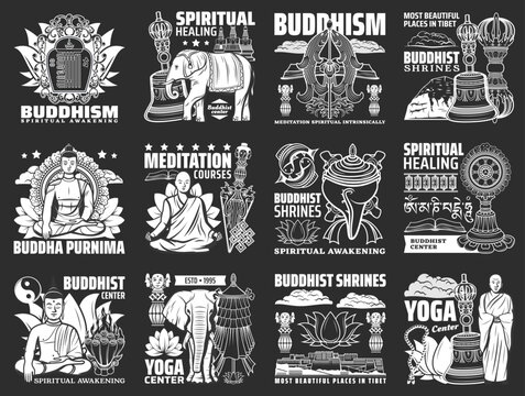 Buddhism religion, Buddha, Indian temple and Buddhist monk vector icons. Dharma and prayer wheel, lotus flower, endless knot, stupa and chakra, spiritual bell, treasure vase, gold fish and conch shell