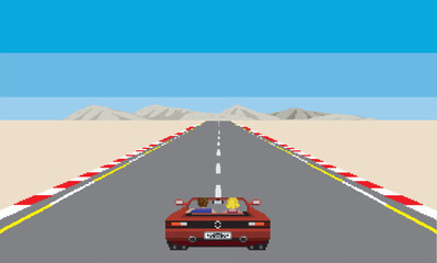 Arcade pixelated race red car vector illustration. desert race track