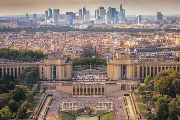 Trocadero and La Defense parisian roofs at sunrise Paris, France