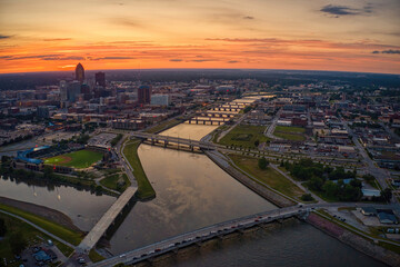 Aerial View of the Des Moine, Iowa Skyline at Sunset
