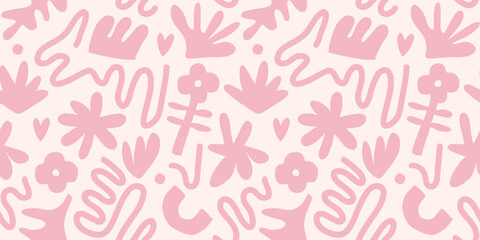 Contemporary art collage with abstract shapes and flowers. Vector seamless pattern with Scandinavian cut out elements.