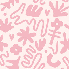 Contemporary art collage with abstract shapes and flowers. Vector seamless pattern with Scandinavian cut out elements.