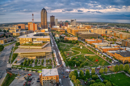 Aerial View of the Des Moine, Iowa Skyline facing West