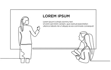 Continuous line drawing of woman writing marketing executive graphic on board with group of business people discussing in conference room. Creative business team brainstorming project in doodle style