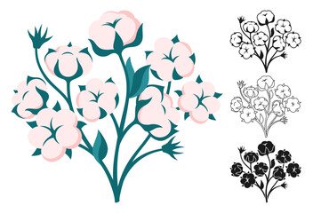 Cotton flower bouquet emblem set. Botanical wedding herb, rustic trendy sign. Cartoon or engraved ink stamp or linear doodle design. Natural blossom fluffy fiber on stem. Ripe cotton boll fiber