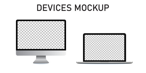 Realistic devices mockup set of monitor, laptop. Stock Vector.