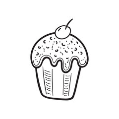 Muffin with with whipped cream and cherry on top. Cupcake dessert in doodle engraved sketch style. Hand drawn vector illustration. For menu, bar, coffee shop, cafe, restaurant, banner.