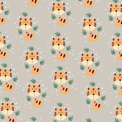 Orange cat sitting very cute on snowball background. Vector pattern and illustration.