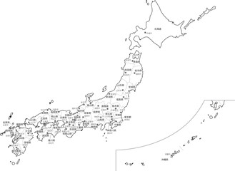 日本　白地図　全土（県名・県庁所在地）	