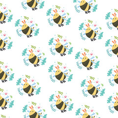 Childish seamless pattern of beautiful and cute bees. Illustrations for backgrounds, banners, sticker labels and greeting cards