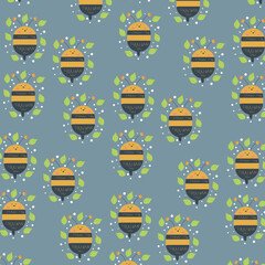 Fat bee pattern with leaf circumference and snow background. for fashion, fabric, wallpaper