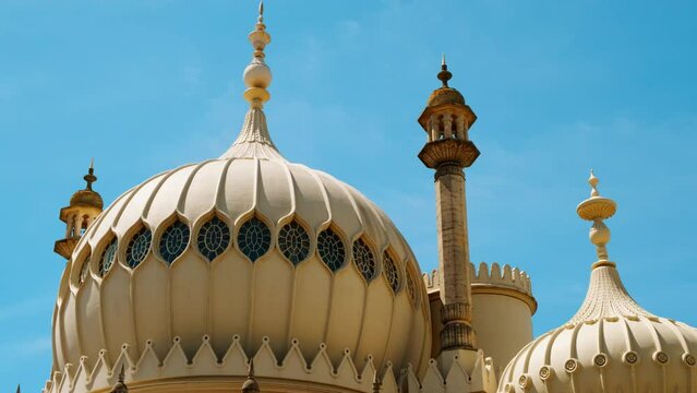 Close-up view of the stunning Royal Pavilion, also known as the Brighton Pavilion, a former royal residence completed in 1823