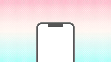 ピンクと水色のグラデーションに水玉模様のかわいい背景に画面が白いスマートフォンのイラスト