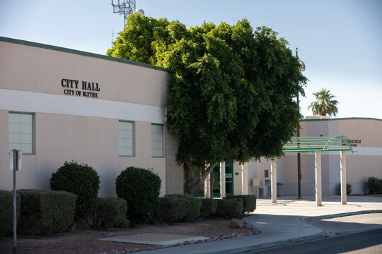 Blythe, California, USA - June 1, 2022: Afternoon light shines on the downtown Blythe City Hall.