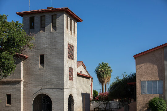 Blythe, California, USA - June 1, 2022: Afternoon light shines on the historic buildings of downtown Blythe.