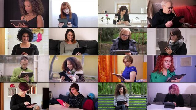 Collage on different young people using tablet. 