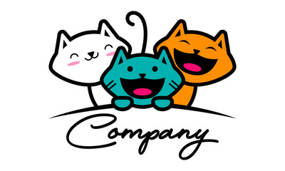 Happy Three Animal Cat Cartoon Logo Design