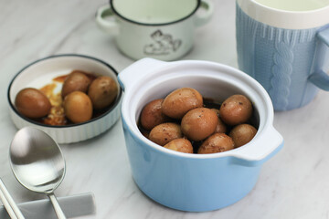 Close Up Semur Telur Puyuh  is Boiled Eggs Cook with Soy Sauce for Family Menu