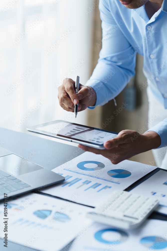 Poster businessman analysis maketing plan, accountant calculate financial report, computer with graph chart